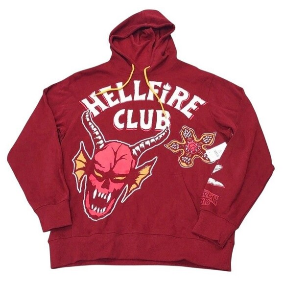 Stranger Things Hellfire Club Hoodie Maroon Mens Graphic 2-Sided Sweatshirt Sz L - Picture 1 of 6